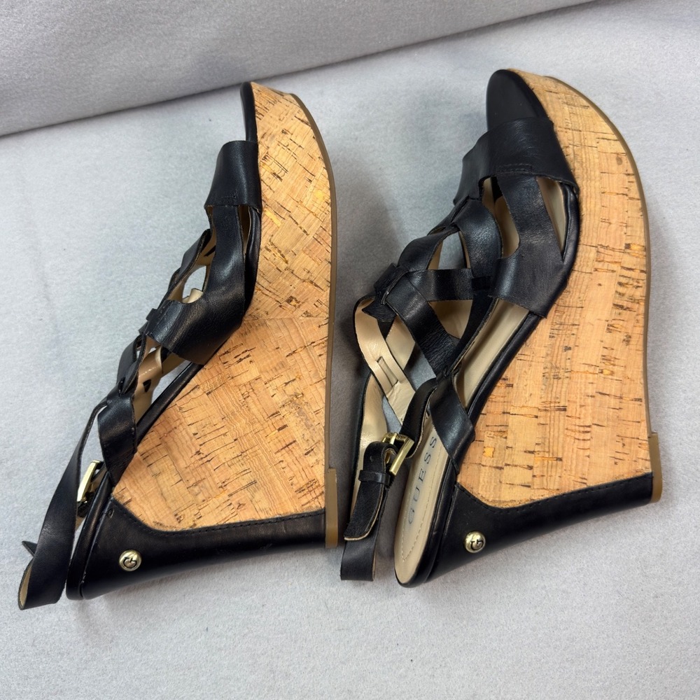 Boho Black Gold Guess Wedge Sandals Womens 10 Leather Cork Platform Strappy - Picture 3 of 9